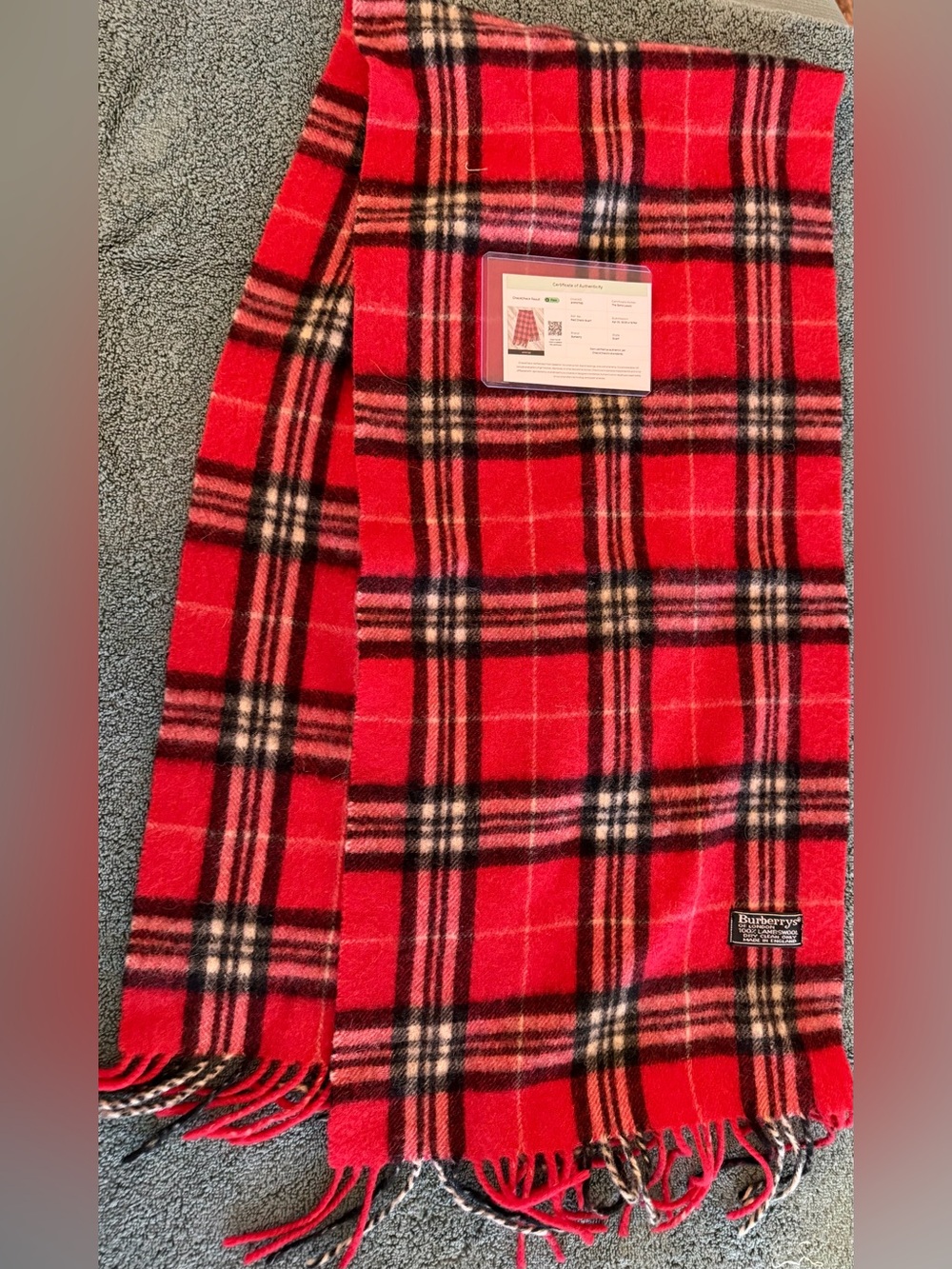 Burberry Red and Black Plaid Wool Scarf with COA